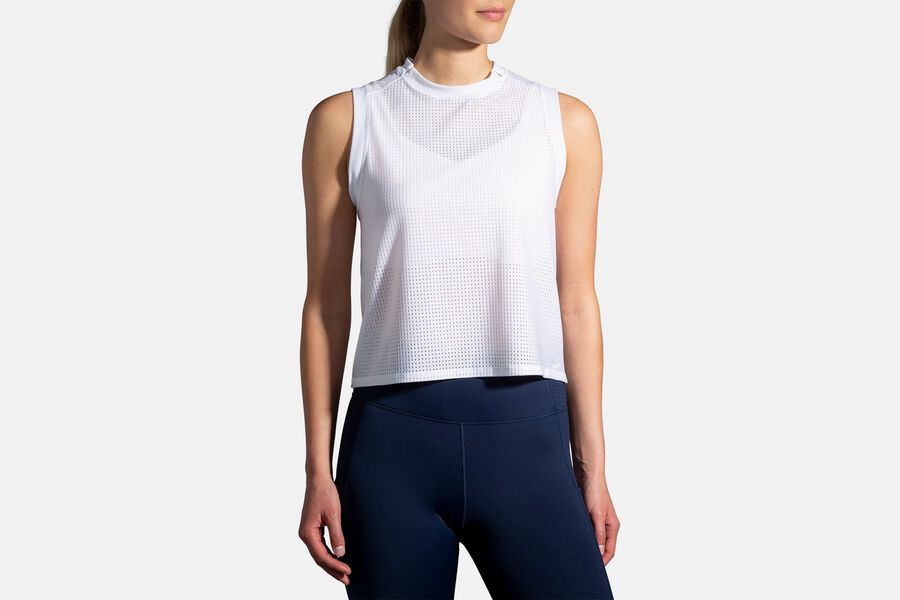 Womens Brooks Further Tank Tops White | 930275-FVC